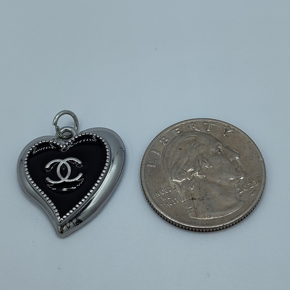CHANEL Heart Charm Silver Tone Black Enamel CC Logo Bag Charm Pendant - Picture 2 of 3